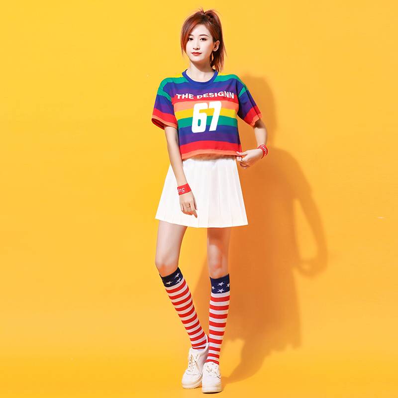 Rainbow stripes, short sleeves and white skirts